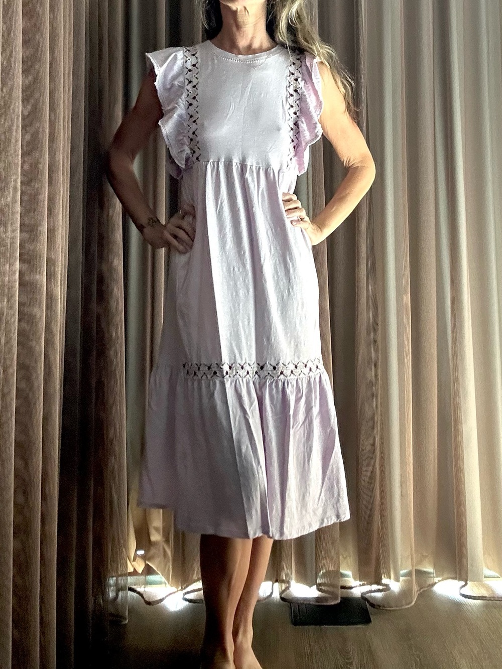 Sfera Casual Women's Lavender Purple Ruffled Embroidered Cotton Midi Dress M